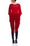 Model wearing red chiffon kimono facing backwards